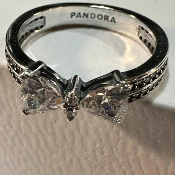 Genuine PANDORA 925 Ale Sparkling Bow Double Row Ring #193552C01 Size 9 - Picture 6 of 7